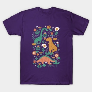 Folk Floral Dinosaurs in Pink T-Shirt